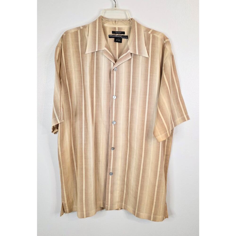 Syllables System Short Sleeve Button Up Shirt Tan Brown Stripe Men's Large (Big)